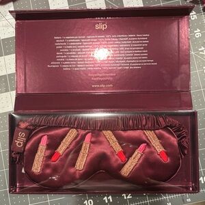 Slip Pure Silk Sleep Mask Burgandy Red Embroidered Lipstick Design NWT New